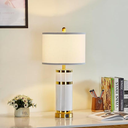Ceramic Gold-Plated Decorative 28" Table Lamps Set of 2 with E26 Socket&Rotary Switch,USB A+C Ports,Modern Bedside Lamps for Nightstand,Bedroom,Living Room,Decoration,Office(Bulbs Included)