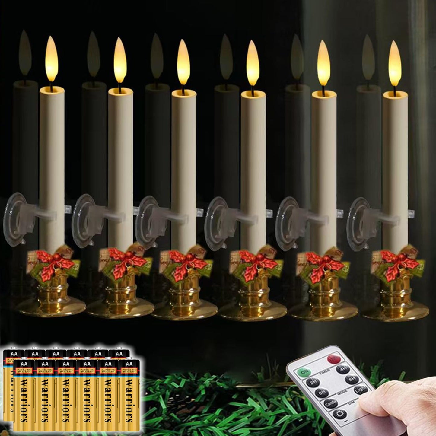 NONNO & ZGF 6 Pack Flameless 8.7'' Window Candles with 12 AA Batteries(Include) +6 Bows(with Bells) +6 Suction Cups+6 Golden Candleholders. Battery Powered Ivory Taper Candle with Remote and Timer