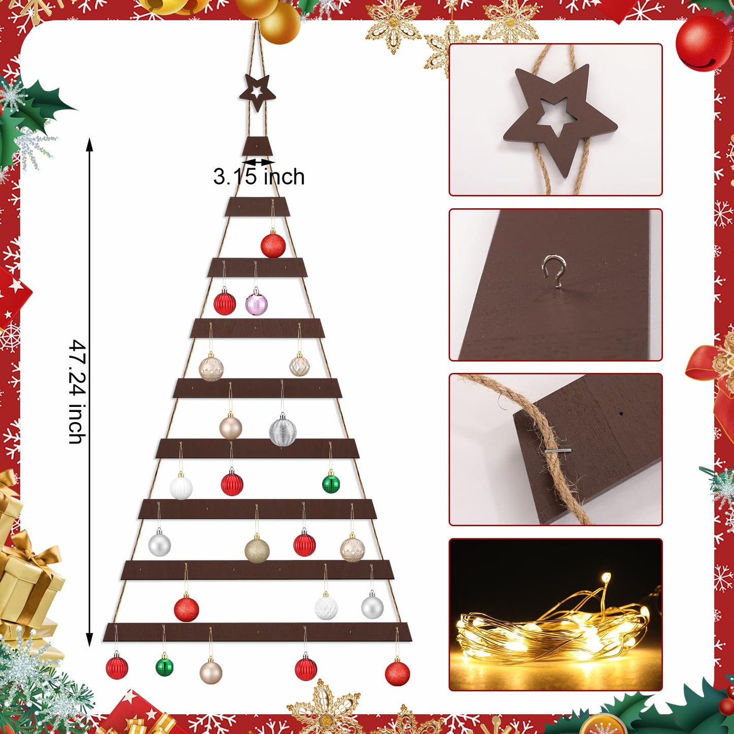 Vercraft Cat Proof Wall Christmas Tree with Light Hanging Mounted Wood Christmas Trees Wall Hanging Xmas Decor with Hooks Wooden Flat for Xmas Holiday Decoration Cat Home Indoor Office Party Supply