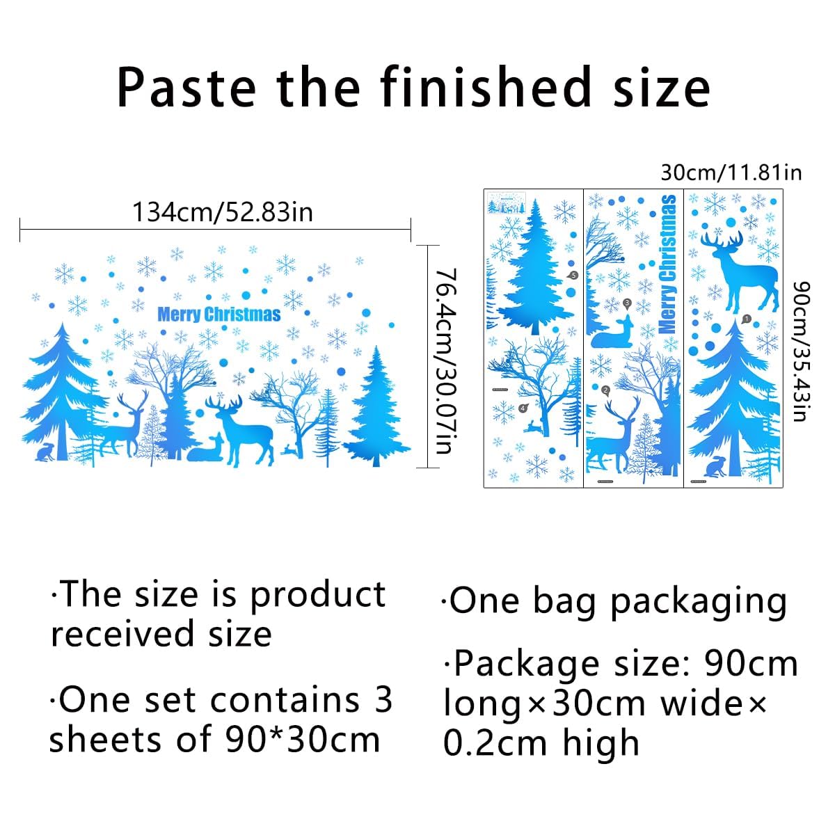 52.87x30.07 Inch Blue Merry Christmas Tree Deer Snowflake Wall Sticker - Removable Forest Animals Art Wall Sticker for Christmas Party Supplies Home Decor