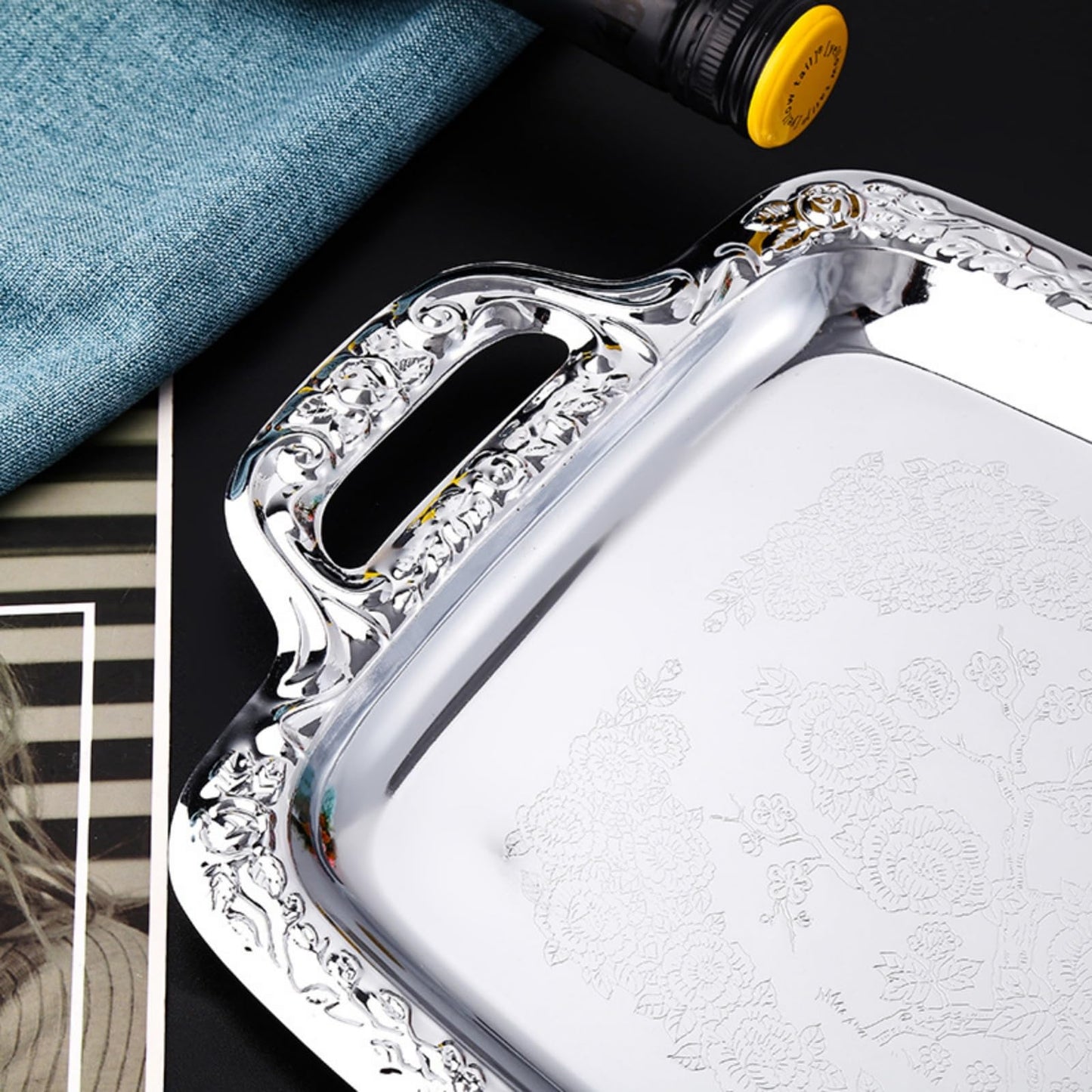 CiCixixi 4-Pack 15.75" x 9" Large Silver Serving Trays with Handle Floral Engraved Stainless Steel Platters for Buffet Wedding Party Jewelry Decorative Mirror Tray for Christmas