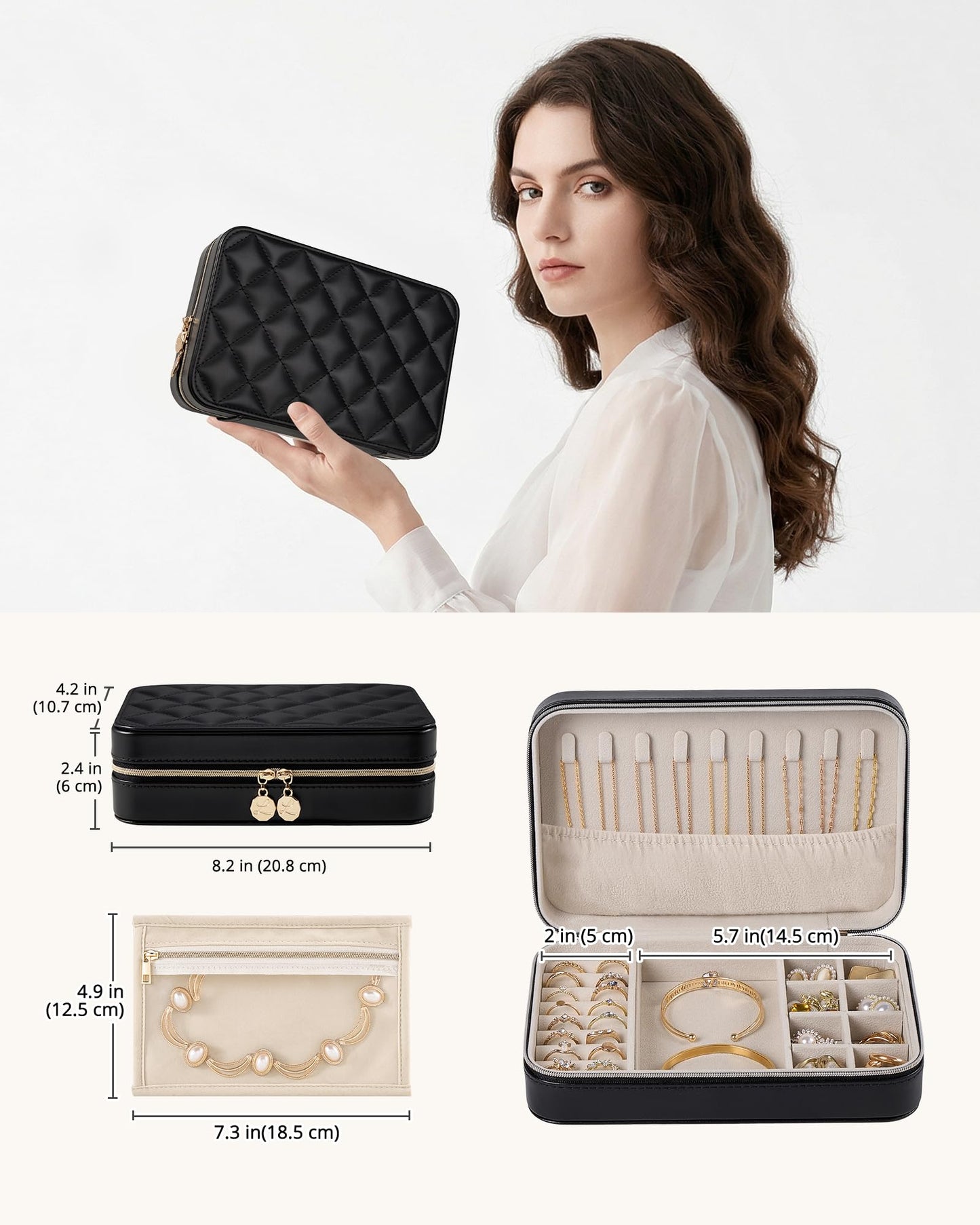 Lolalet Travel Jewelry Case for Women Girls, PU Leather Jewelry Organizer with Clear Storage Bag Small Portable Jewelry Box for Necklace Bracelet Earring Ring Birthday Bridesmaid Gifts -Large/Black
