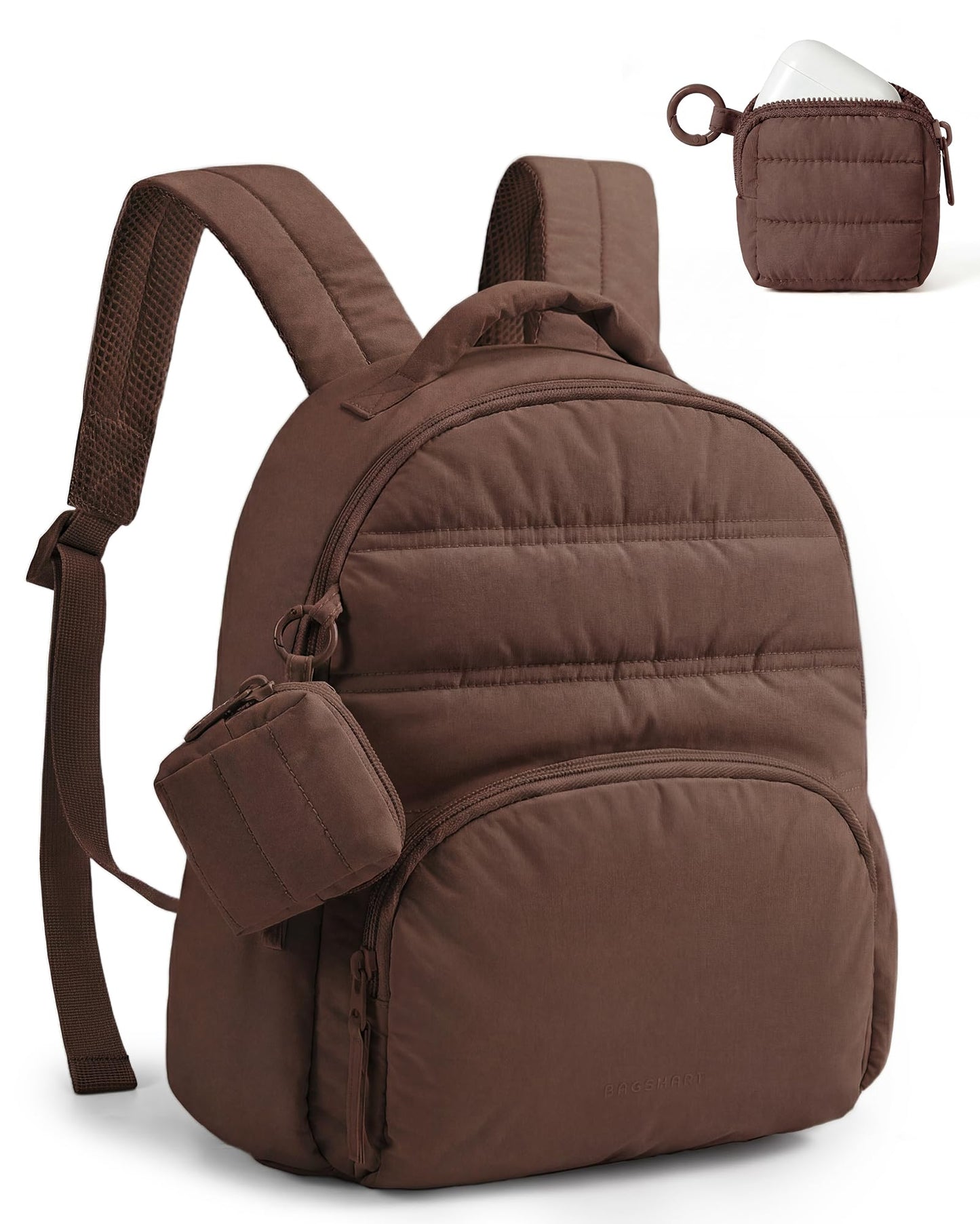 BAGSMART Small Backpacks for Women, Lightweight Puffer Mini Backpack Purse with Pouch, Quilted Casual Daypack, Water-Resistant Bookbag for Daily Travel College, 2-in-1 Set, Coffee Brown