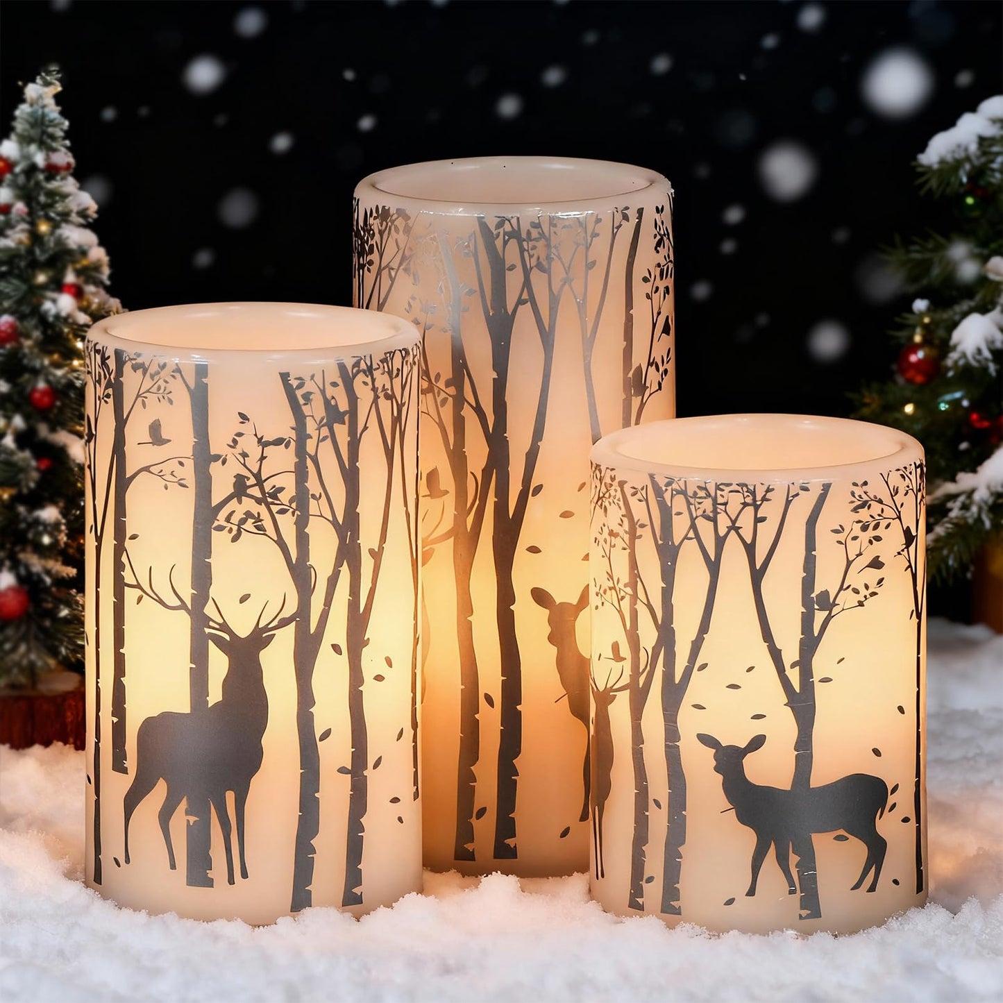 Lasumora Birch Silver Reindeer Christmas Candles with 6H Timer, Real Wax LED Candle Flameless Flickering, Battery Operated Candles Pillar for Home Décor Christmas Decorations Gifts, 3x4/5/6 inches