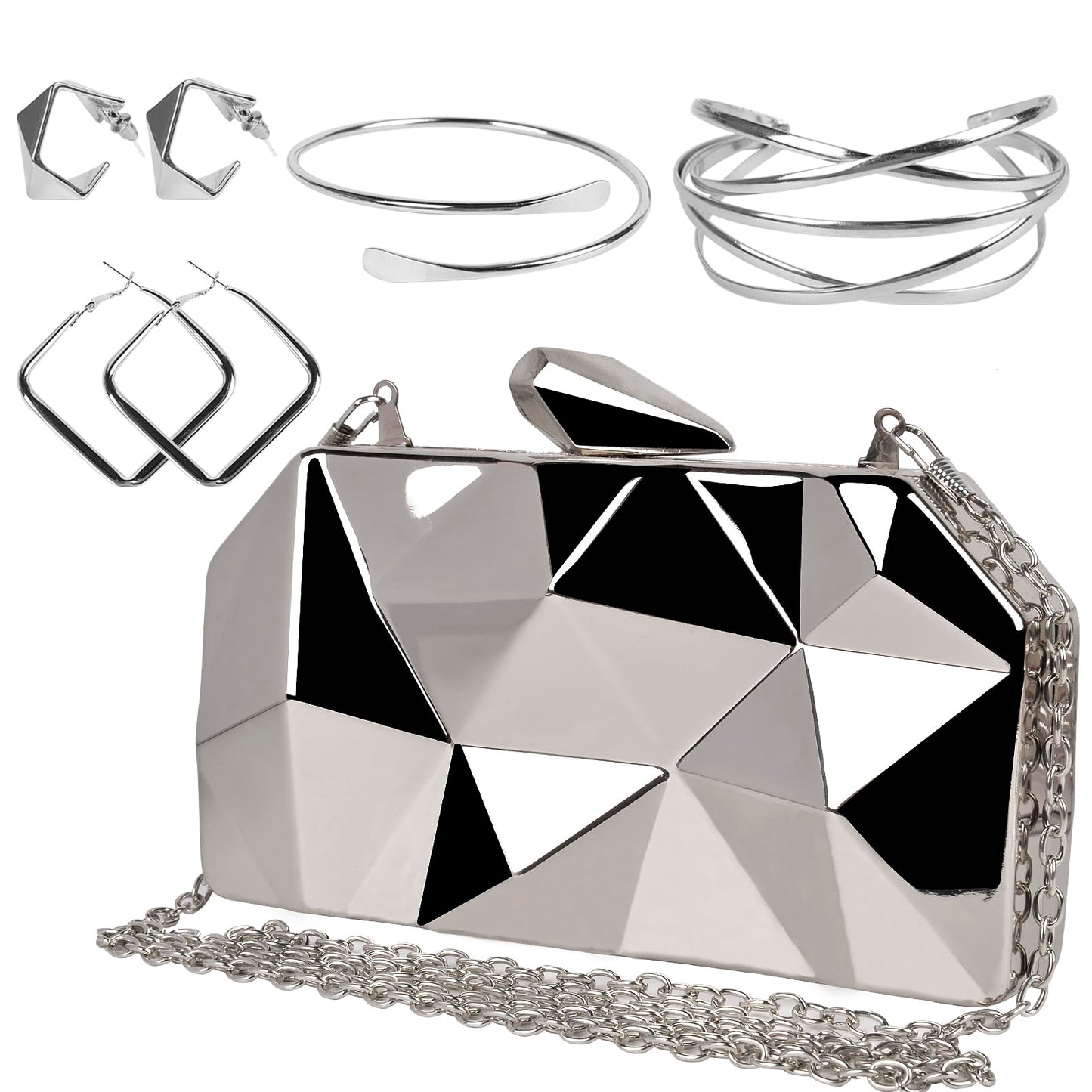 Women's Silvery Lattice Clutch Purses - Geometric Lattice Metal Evening Bag Golden Stone Cut Purse