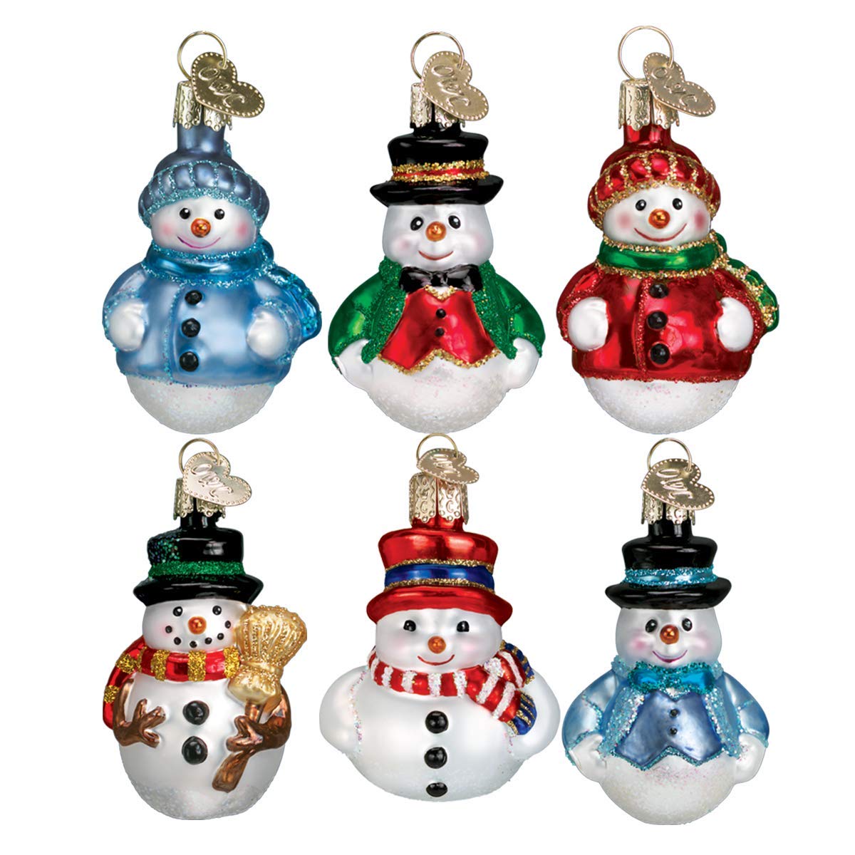 Old World Christmas Mini Snowman Set Glass Blown Ornament for Christmas Tree, Handcrafted Holiday Decoration, Set Collection
