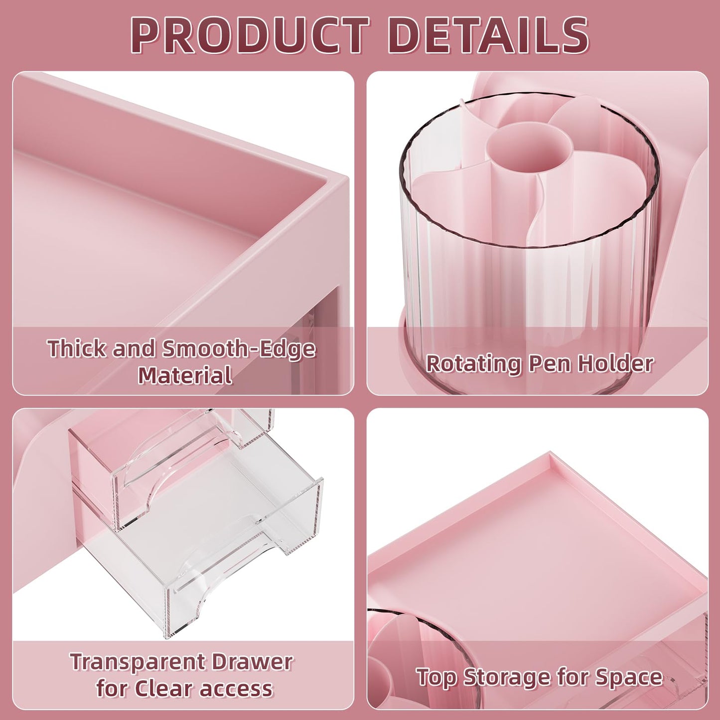Marbrasse Desk Organizer with 2 Drawer, 360°Rotating Pen Holder, Desk Organizers and Accessories with 6 Slots Pencil Organizer + 2 Drawer, Art Supply Storage Box Caddy for Office (Pink)