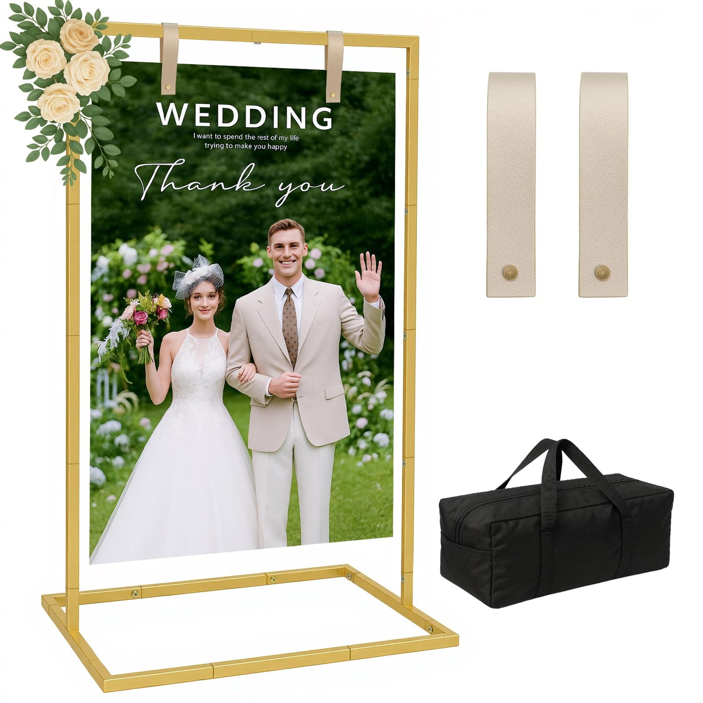FamilyKit Wedding Welcome Sign Stand, Welcome to Our Wedding Sign Stand with Storage Bag and Leather Straps for Hanging, Adjustable Wedding Sign Holder for Wedding, Birthday, Anniversary, Christmas
