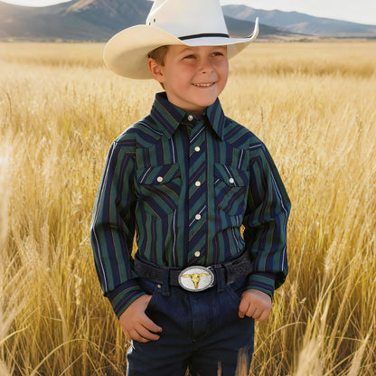 SANSTHS Kids Western Belt for Boys Girls Genuine Leather Cowboy Cowgirl Belts with Detachable Buckle for Jeans Western Gifts, Golden Bull Buckle/Black Belt