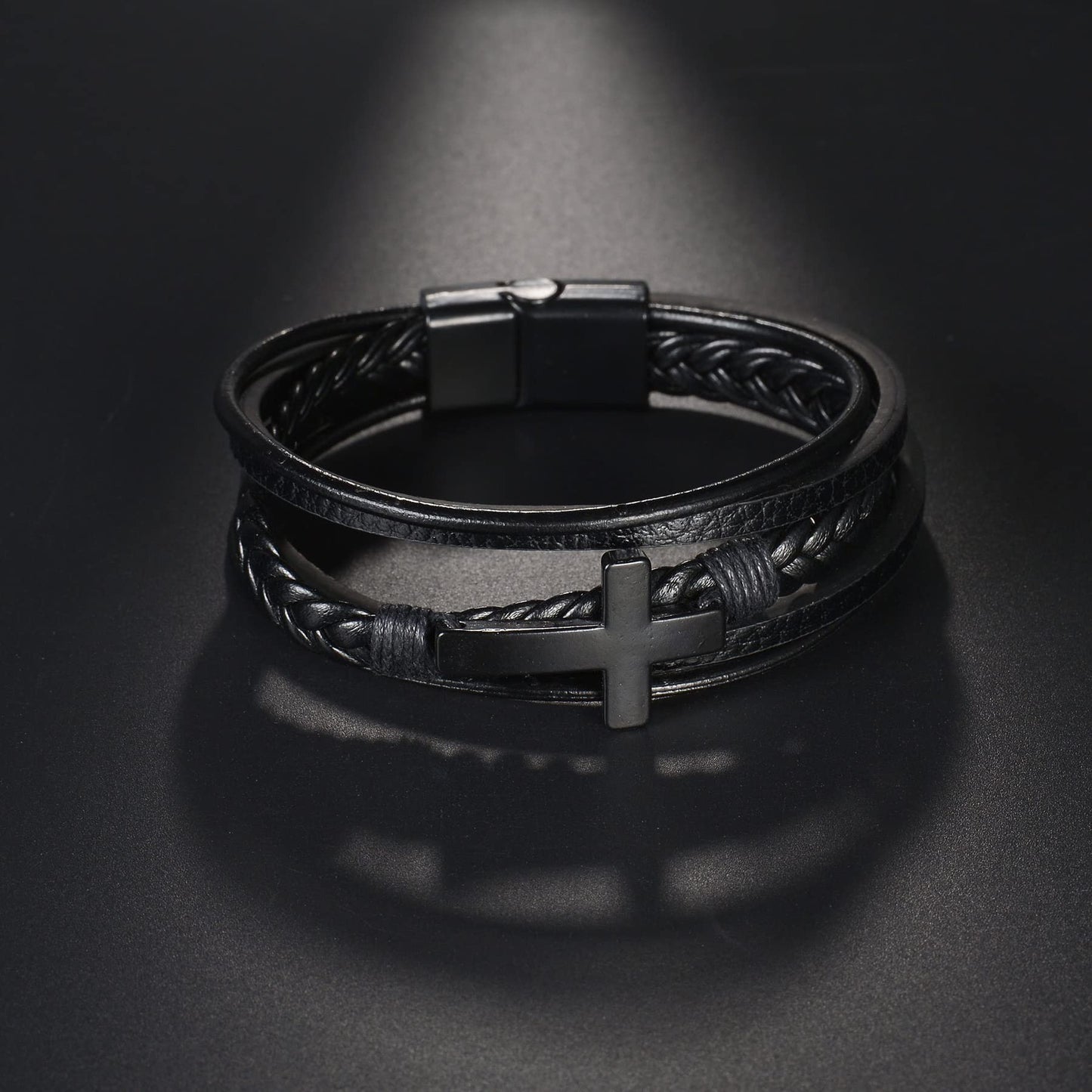 Arcutina Men's Black Leather Multi-Strand Bracelet Casual Brown Braided Bracelet (Multi-layer with Cross, Length 7.5'')