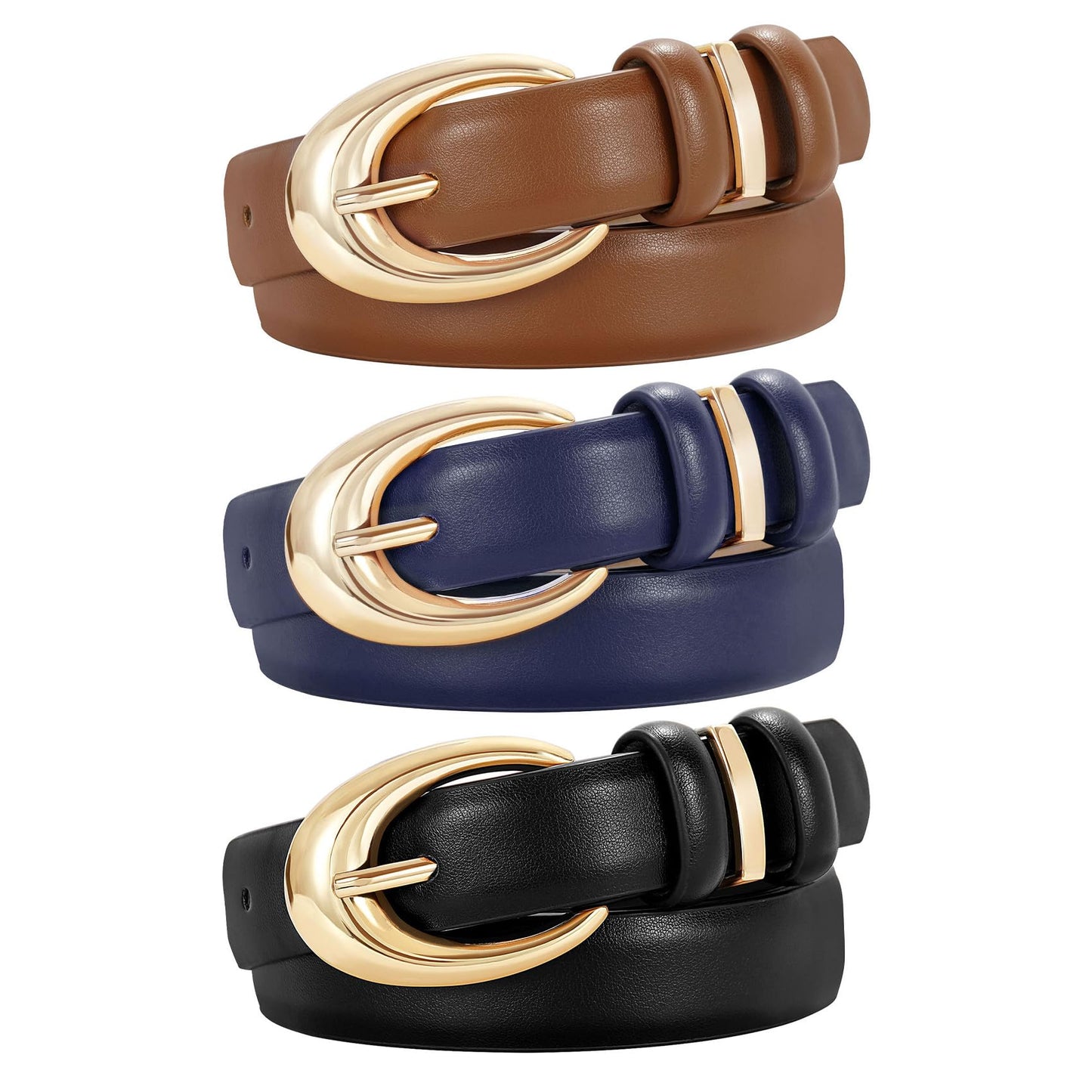 TRIWORKS 3 Pack Women Leather Belt for Jeans Pants Fashion Ladies Faux Leather Belt with Gold Buckle