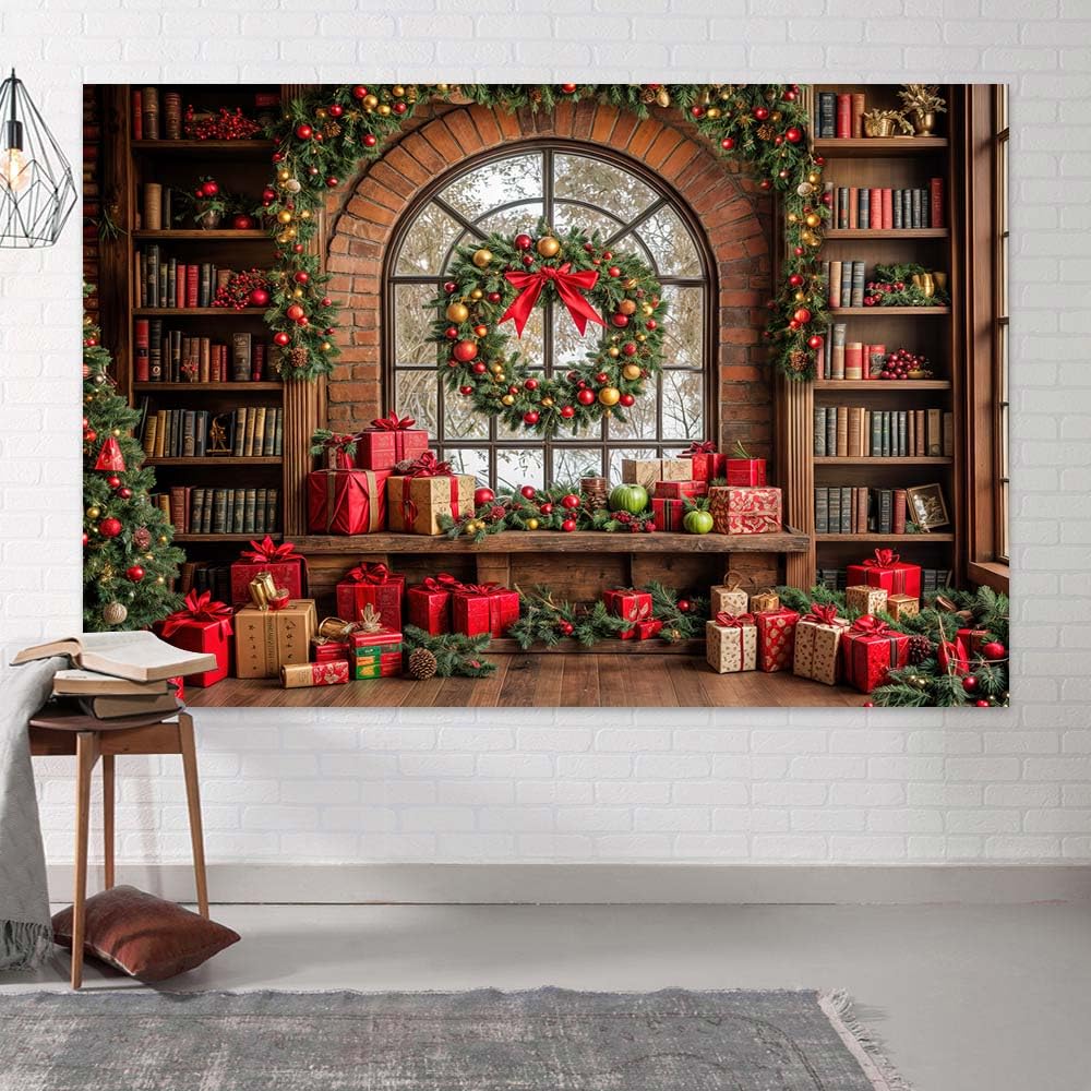 10X8ft Christmas Window Backdrop Green Xmas Pine Tree Gifts Background Winter Snow Scene Holiday Wonderland Snowflake Photography Background Forest Christmas Party Decoration Photo Studio Props