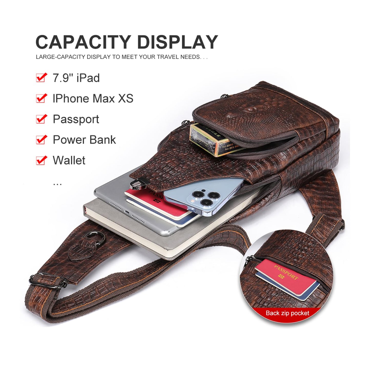 NIUCUNZH Crocodile Pattern Leather Sling Bag with Leather Strap, Zipper Crossbody Shoulder Bags Purse for Travel Hiking Brown