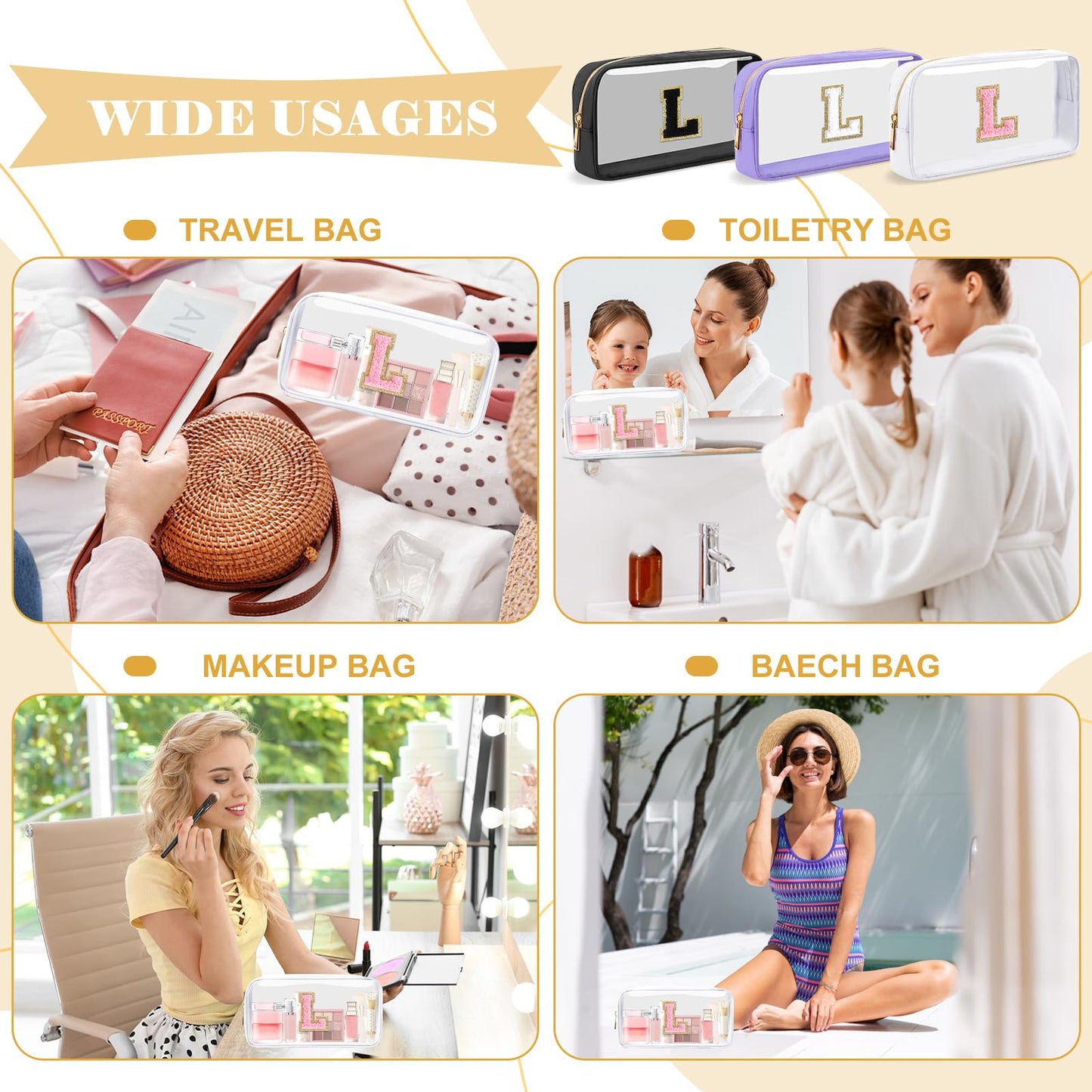 UIXIZQ Personalized Initial Letter Clear Makeup Bag,Preppy Small Nylon&PVC Cosmetic Zipper Bag with Chenille Letter,Travel Skincare Toiletry Bag,Monogram Christmas Gift for Teen Girls Women,L