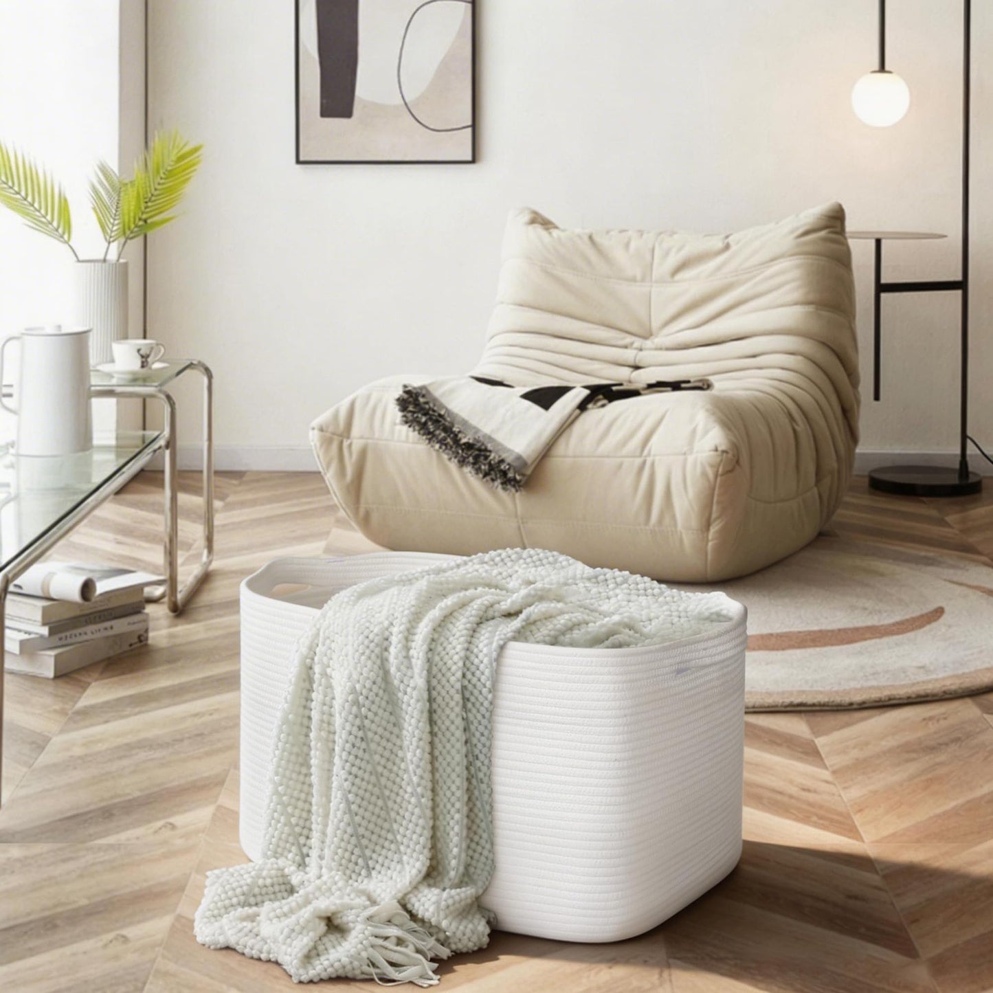 MEGASKET Extra Large White Storage Basket, 23.6" x 17" x 12" Rectangle Blanket Storage for Living Room, White Woven Cotton Rope Basket, Big Kids Toy Box Bin, XXXL Wicker Laundry Baskets for Organizing