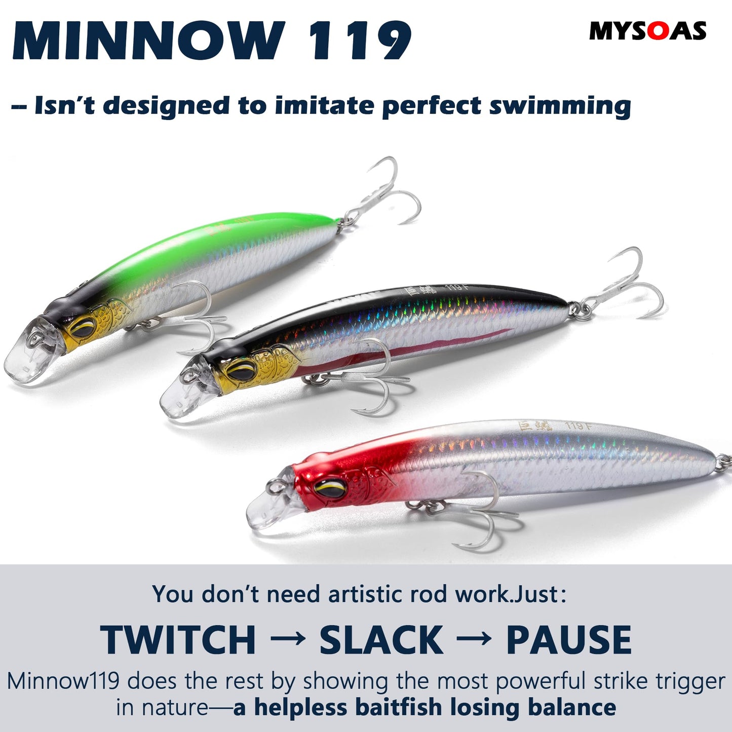 MYSOAS Jerkbait Fishing Lure Minnow 119S, Slow Sinking Saltwater Surf Fishing Lures with Tungsten Weight, Long Cast System, Through-Wire Construction, BKK 4X Hooks, for Halibut Striped Bass Surf Perch