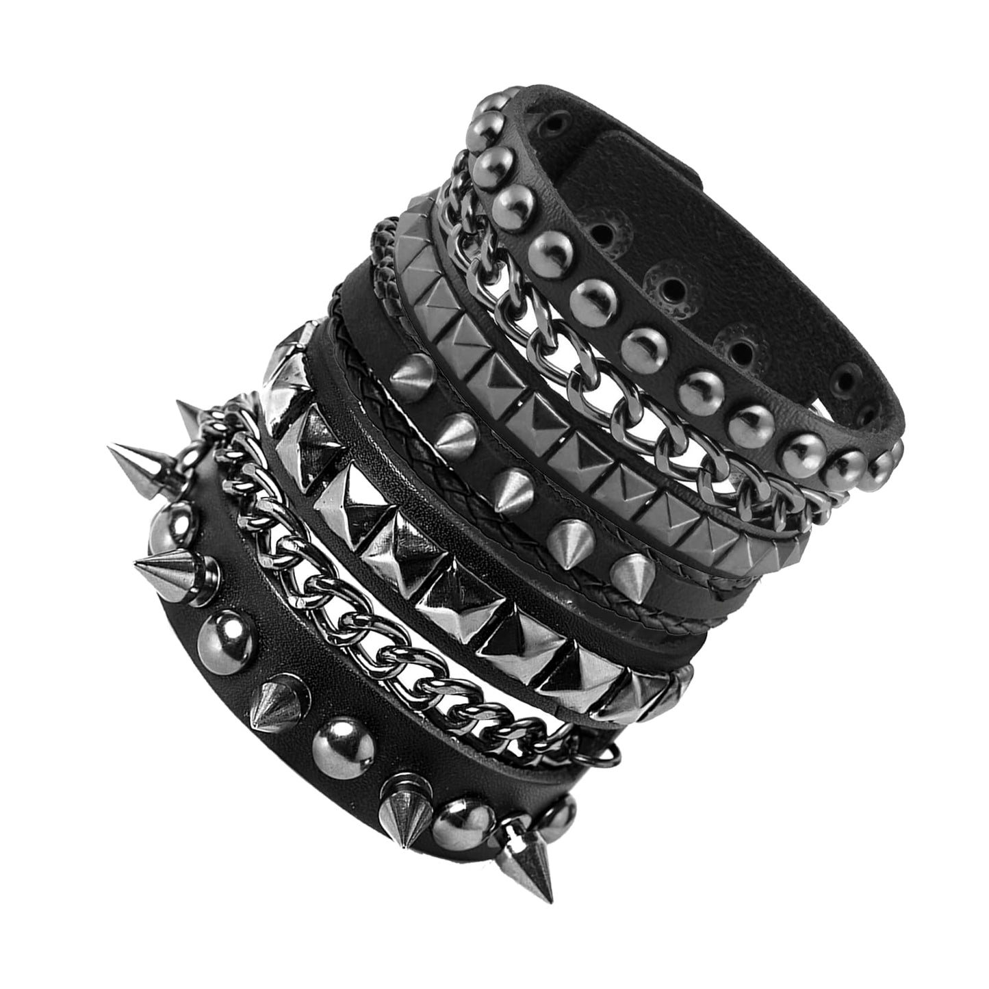 Eigso 3 Pcs Oldschool Cool Punk Steampunk Studded Spikes Rivets Vintage Leather Wide Bracelets for Men and Women with Adjustable Buckle