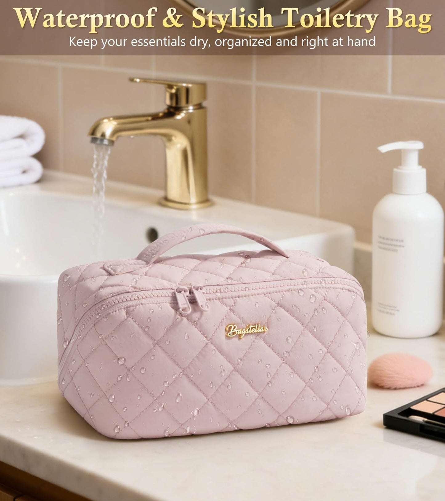 Travel Makeup Bag, 3 Pcs Large Capacity Puffy Toiletry Bag for Women, Open Flat Make up Cosmetic Organizer w/Handle & Clear Divider Water-resistant Portable Pouch Travel Essentials, L-Light Pink