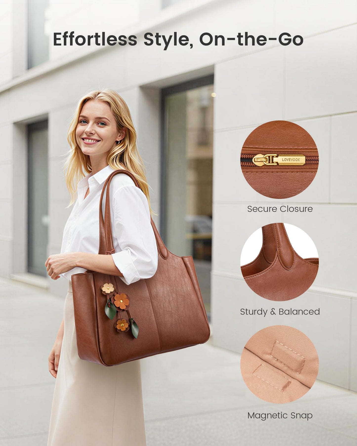 LOVEVOOK Tote Bag for Women, Leather Vintage Work Bag with 40oz Cup Holder,Nurse Teacher Shoulder Bag,Roomy,6 Pockets