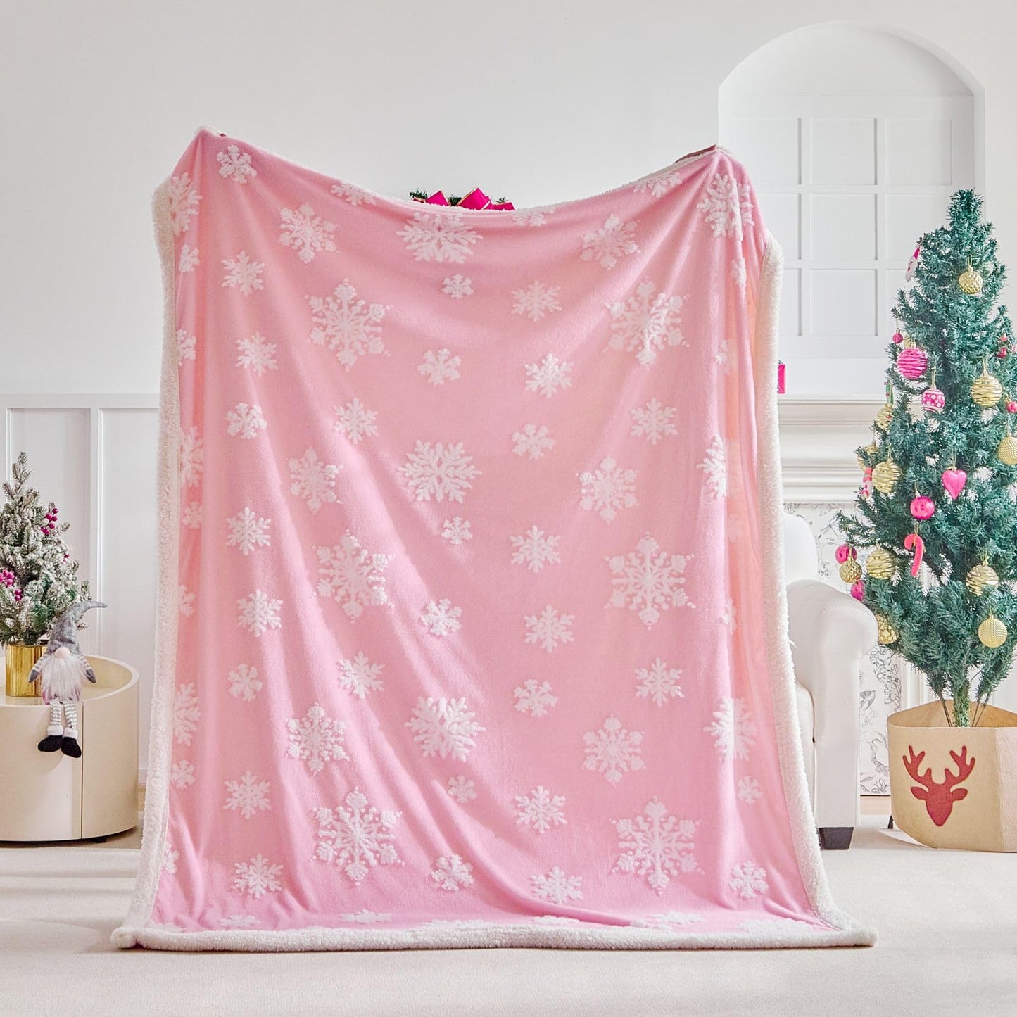 LenLuck Pink Christmas Blanket 50"x60", Soft Flannel Fleece Front & Sherpa Back, Snowflakes Throw Blanket for Couch, Fluffy Fuzzy Blanket, Christmas Decor Gift for Women, Men