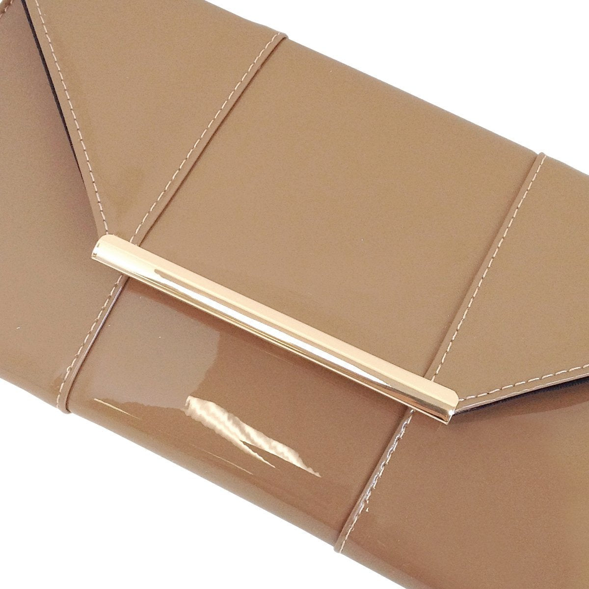 JNB Faux Patent Leather Envelope Clutch Purse for Women, Candy Evening Bag with Detachable Gold Chain Strap, Snap Closure, Zipper Pocket, Slim Formal Handbag, Taupe