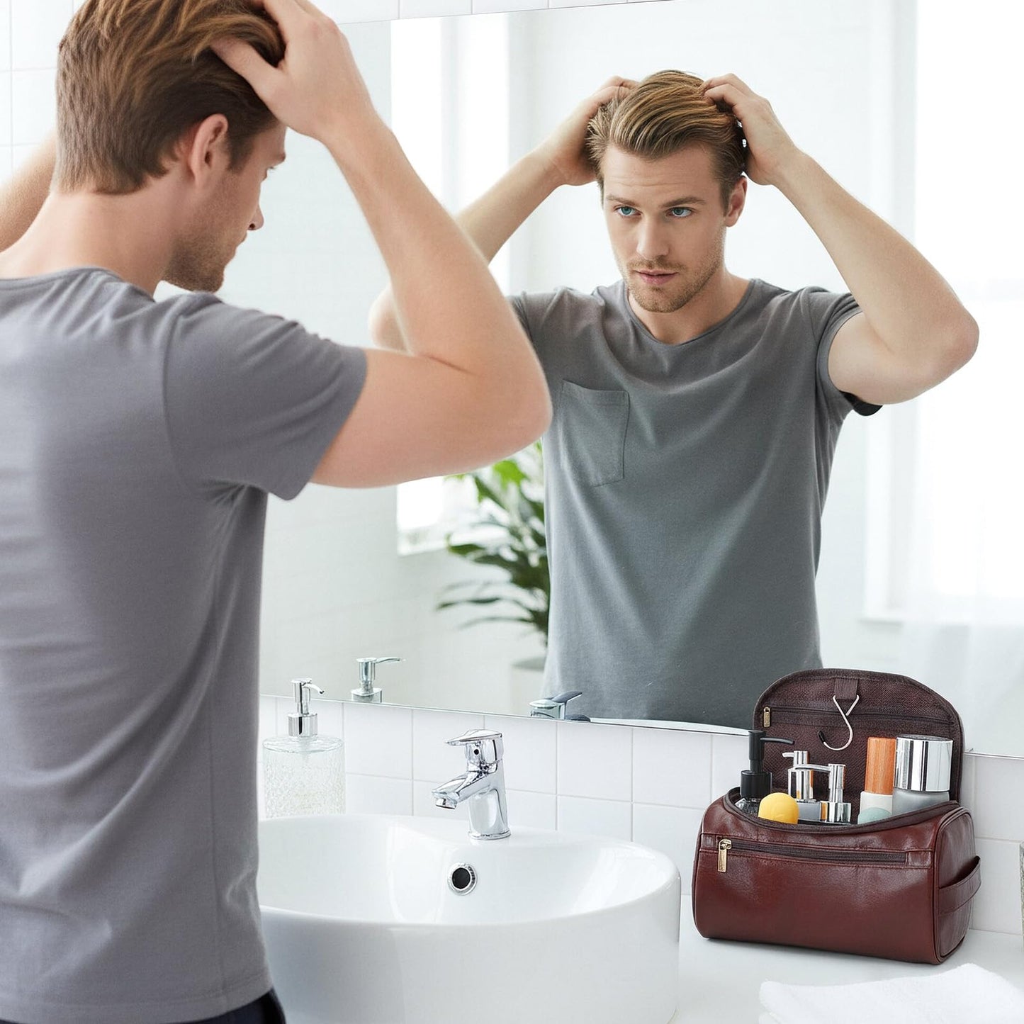 Hpmjz 5pcs Personalized Leather Toiletry Bag for Men Travel Shaving Bag with Hanging Hook Waterproof Kit Cosmetic bags Water-resistant Shaving Bag for Toiletries Accessories Travel Essentials Gifts