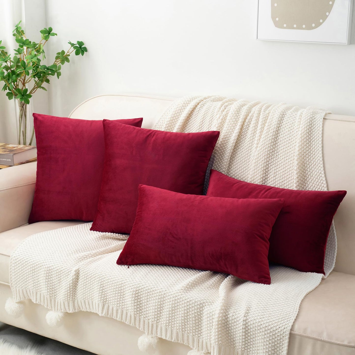 HWY 50 Burgundy Red Velvet Throw Pillow Covers 18x18 Inch, Pack of 2 Soft Cozy Solid Decorative Luxury Cushion Cases for Couch Sofa Bed Living Room Bedroom