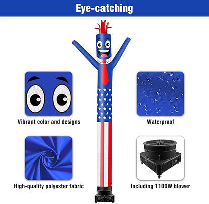 20FT Tall Inflatable Tube Man American Flag Wacky Wavy Dancing Guy with 1.5 HP Weather-Resistant Blower (18''Diameter) for Outdoor Decoration Advertising Business Promotion