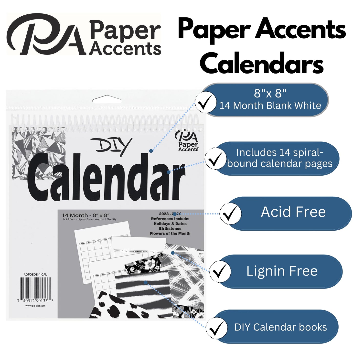 Accent Design Paper Accents DIY 8x8 Blank Calendar – 14-Month White Blank Calendar Sheets for Wall, Desk, or Planner – Undated Customizable Monthly Organizer