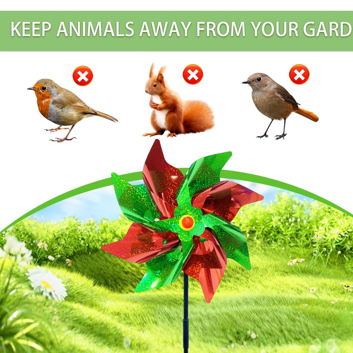 10 Pieces 21 Inches Red and Green Reflective Pinwheels with Stakes, Windmill Wind Spinners for Outdoor Garden Lawn Yard Decor, Christmas Decoration, Large Foil Pin Wheels for Bird and Animal Deterrent