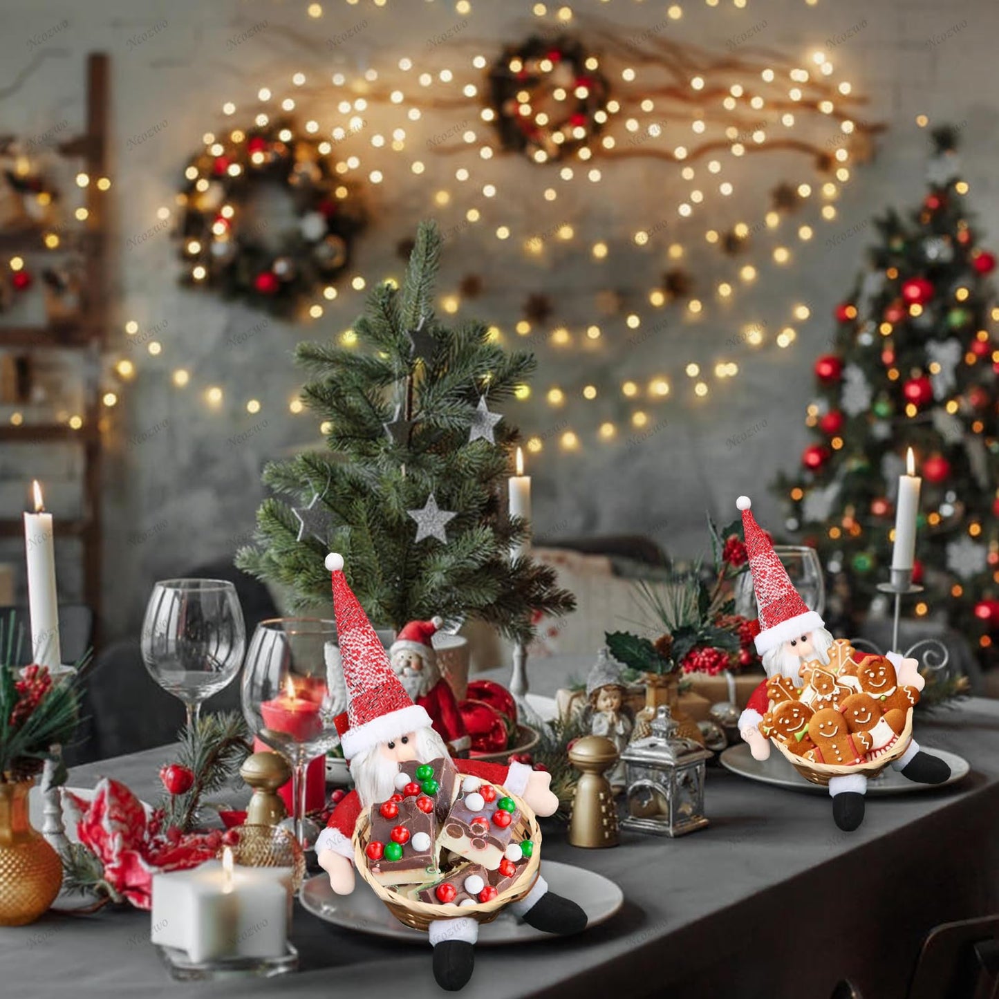 Ncozwo Christmas Candy Cookies Storage Basket Santa Claus Sweets Woven Holder Basket Xmas Snacks Bowl Candy Dish Gingerbread Chocolate Dessert Baskets for Party Winter Holiday Table Desk Decoration