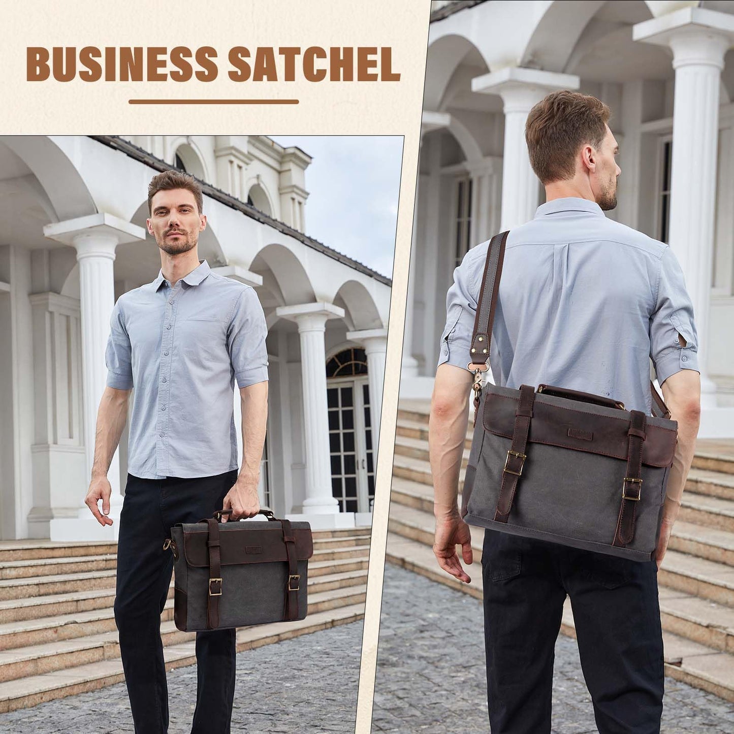 VASCHY Vintage Canvas Leather Messenger Bag School Shoulder Bag Business Briefcase Satchel Gray