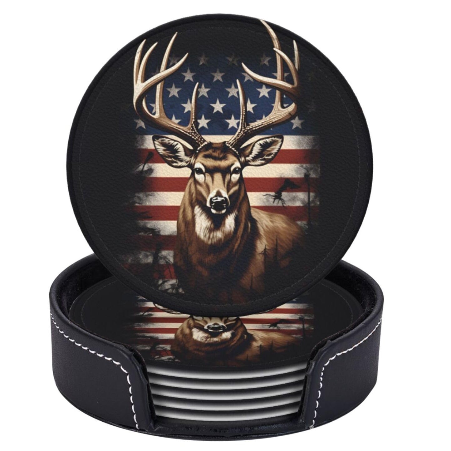 Neukim 6 Pcs American Hunting Deer Leather Coasters for Drinks with Holder Round Mug Mat Table Desk Coasters Set Cup Coasters for Living Room Kitchen Coffee Decor