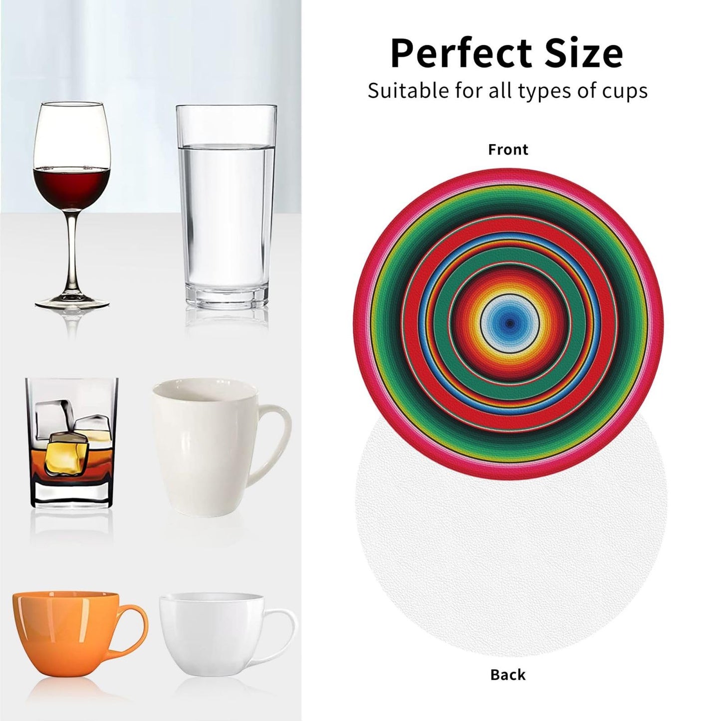 Mexican Blanket Serape Stripe sarapes Mexicano 6 Pcs Drink Coasters - Leather Coasters Set - Resistant Round Coaster Non-Slip Table Mat - Kitchen Bar Home Decor Housewarming Gift