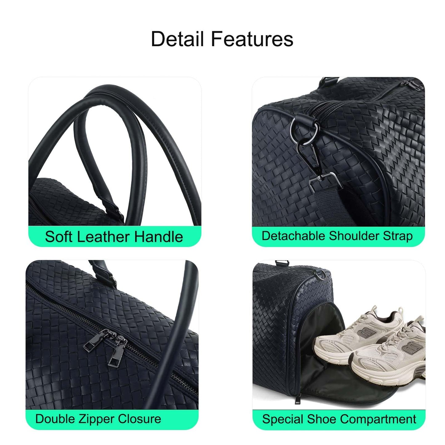 Handwoven Travel Bag with Wet Dry Separation and Shoe Compartment, Large Open Weekender Bags Lightweight Duffel for Women, Beach Tote Gym Bag Carry On (Navy Blue)