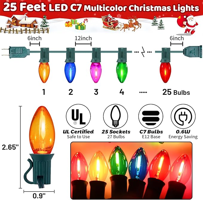C7 Multicolor LED Christmas Lights Outdoor, 25Ft LED Colored Christmas Tree Lights Waterproof with 25+2 LED Bulbs for Indoor Outdoor Christmas Decorations for Light up Christmas Tree Home Yard, 0.6W