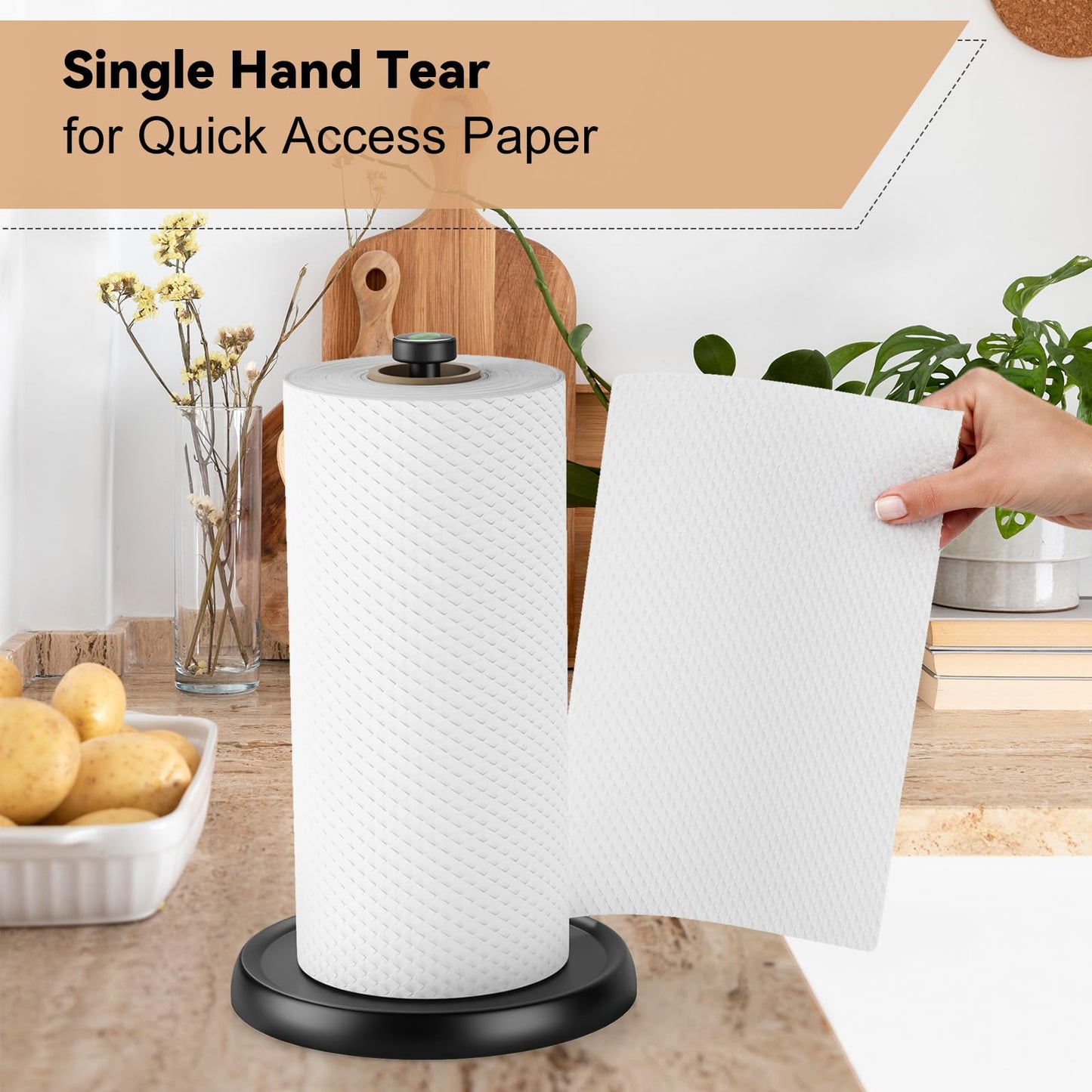 Countertop Paper Towel Holder - One-Handed Tear with Ratchet Mechanism, Weighted Base Degradable Plastic Paper Towel Stand, Black Farmhouse Kitchen Bathroom Decor Accessories
