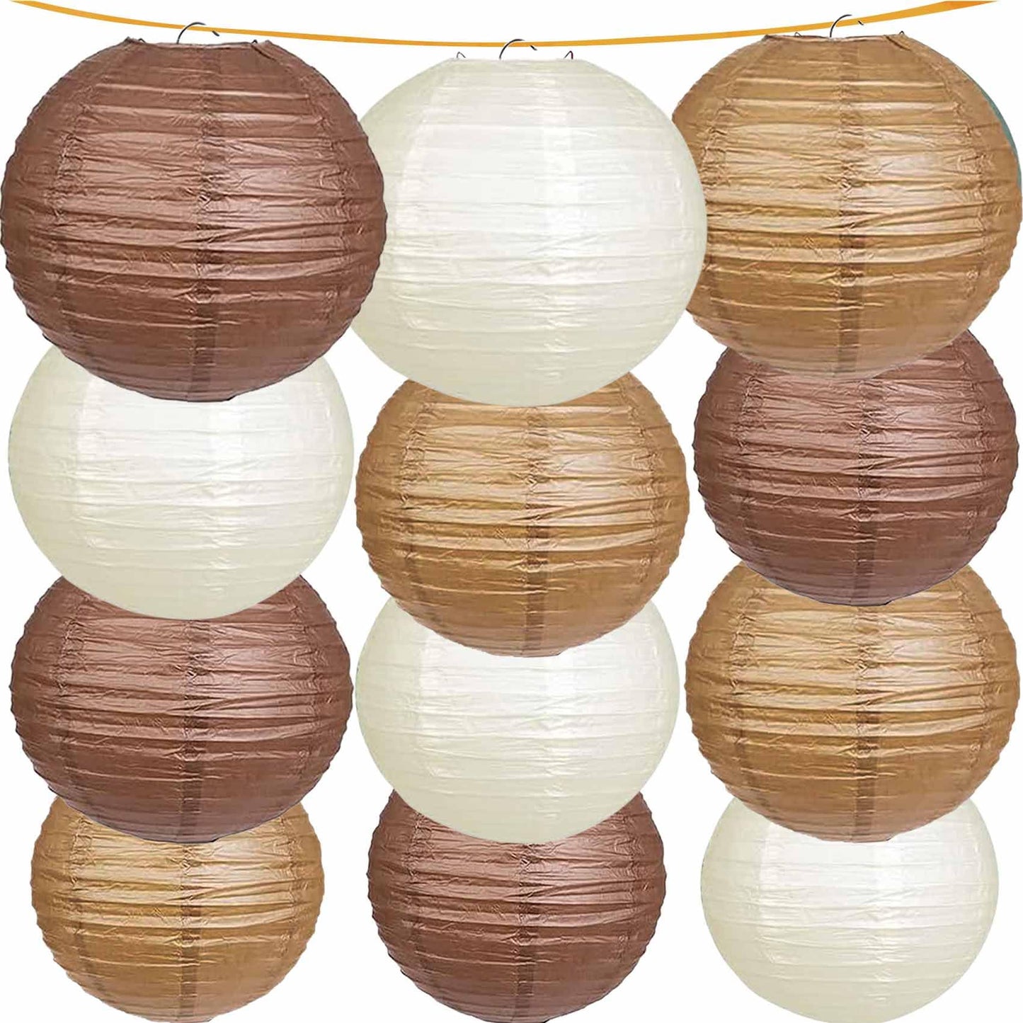 KUNYYI Boho Paper Lanterns, 12 Pcs Brown Nude White Chinese Lanterns Different Sizes for Baby Shower Garden Tea Party Bachelorette Birthday Wedding Party Decorations