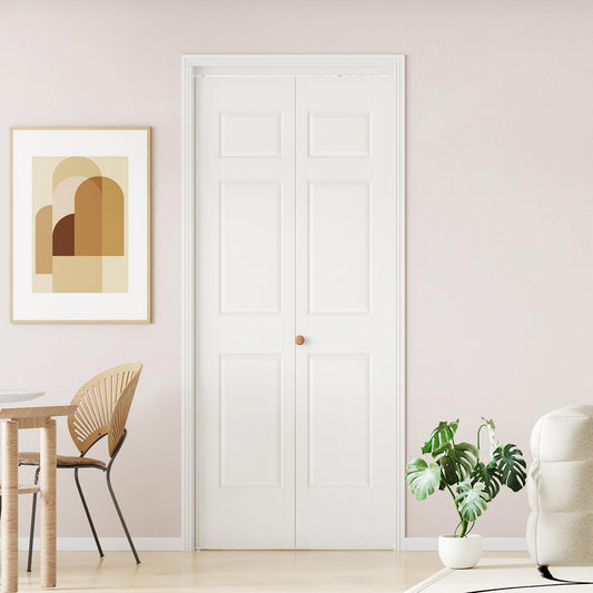 Bifold Door for 30" x 80" Opening, Raised Textured 6-Panel Hollow Core Closet Door with Hardware Kit, Interior Folding Barn Doors Panels, White Primed