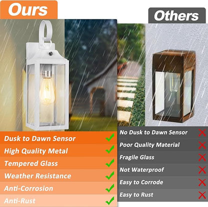 Dusk to Dawn Wall Lights 2 Pack, White Outdoor Light Fixtures, 15 Inch Exterior Wall Sconces Waterproof, Large Outside Lights for House, Modern Wall Lanterns Clear Glass