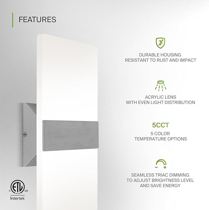 ASD 14 Inch LED Indoor Wall Sconce - Modern Interior 24W 120V 2700K-5000K Adjustable Dimmable Wall Mounted Light Fixtures, Acrylic Glass Wall Lights for Stairway, Hallway - ETL, Brushed Nickel
