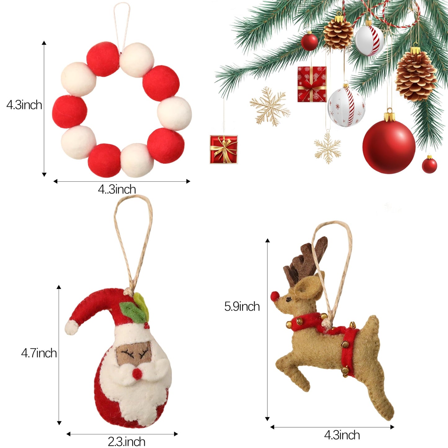 JUIIZAY 3pcs Felt Christmas Ornaments Xmax Tree Ornament Hanging Decorations for Christmas Tree