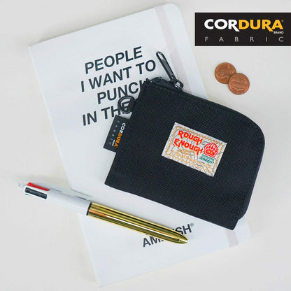 Rough Enough Small Coin Purse Card Wallet Pouch with Zipper Neck Lanyard Keychain for Men Women Teen Boys Black Cordura