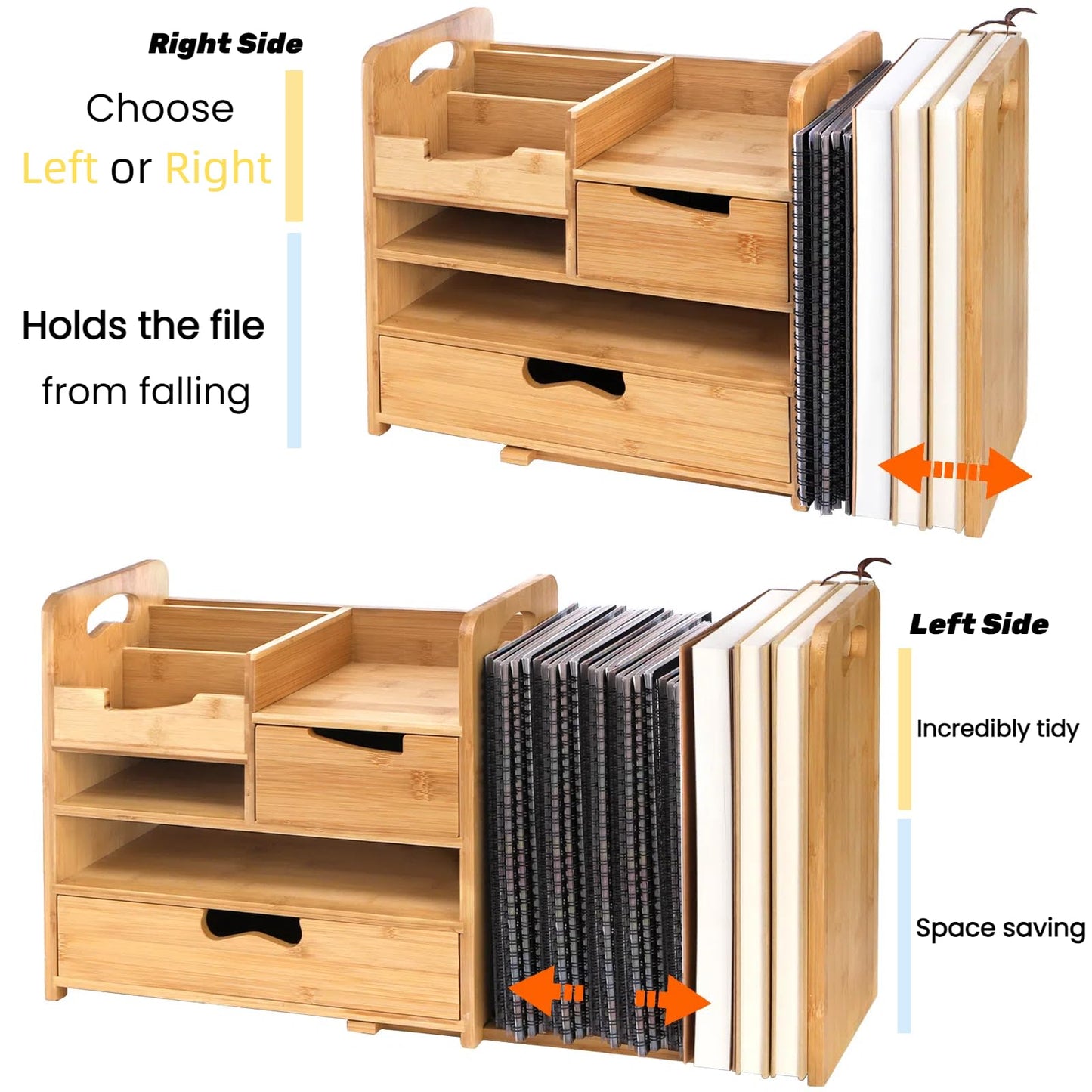 ZOOFOX Bamboo Desk Organizer with Adjustable File Holder, Mail Organizer Countertop with Drawer, 4-Tier Desktop Organization and Desk Accessories for Home Office School Supplies, No Assembly Required