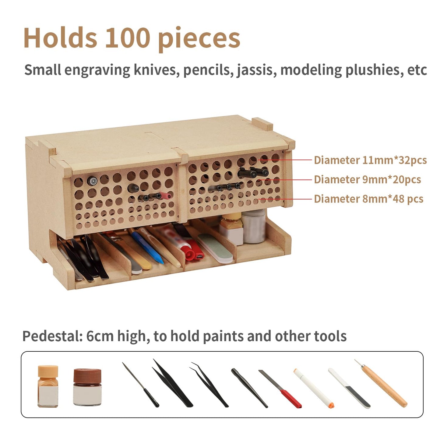 Bucasso Wooden Model Kit Tool Storage Rack with 100 Holes, Brush/Paint Organizer with MDF Material, Craft Supplies Storage, Brush/Tool Holder, Suitable for Tamiya/Gundam Tools, GK6