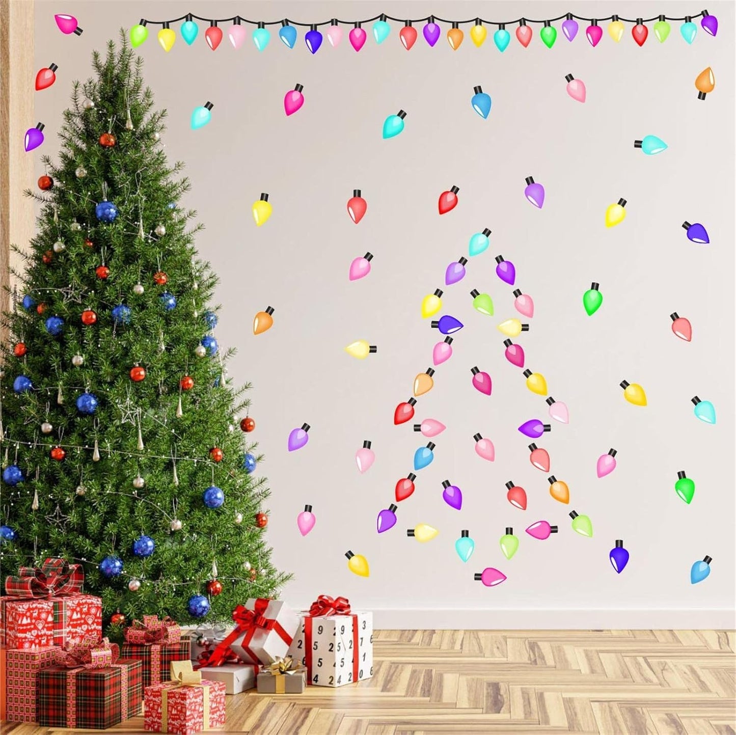 Christmas Light Window Decals Clings Double Sided Colorful Lights Wall Stickers Merry Christmas Window Wall Stickers Holiday Xmas Bright Windows Decals Holiday Light Bulb Windows Decorations