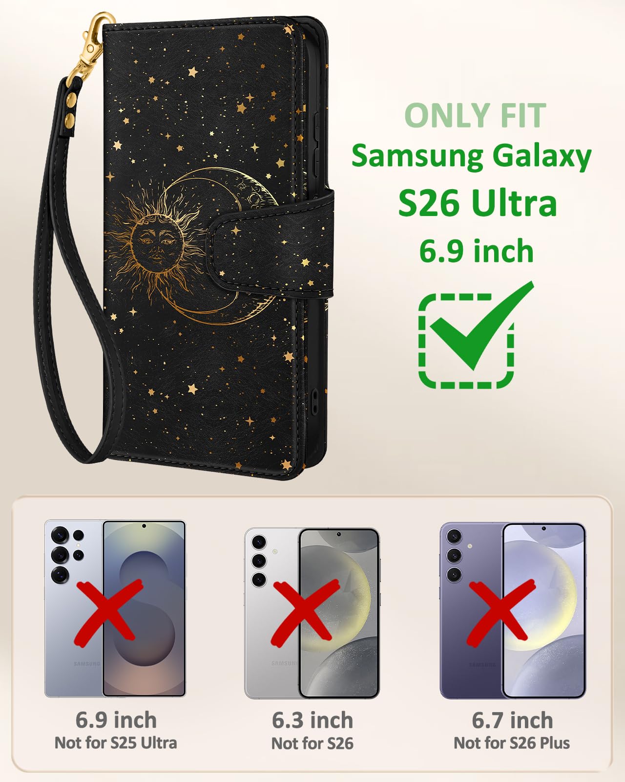 Toycamp for Samsung Galaxy S26 Ultra Wallet Case with Wrist Strap - Leather Flip Folio Phone Case with RFID Blocking 4 Card Slots Galaxy S26 Ultra Funda Cute Aesthetic for Women Lady, Black Sun Moon