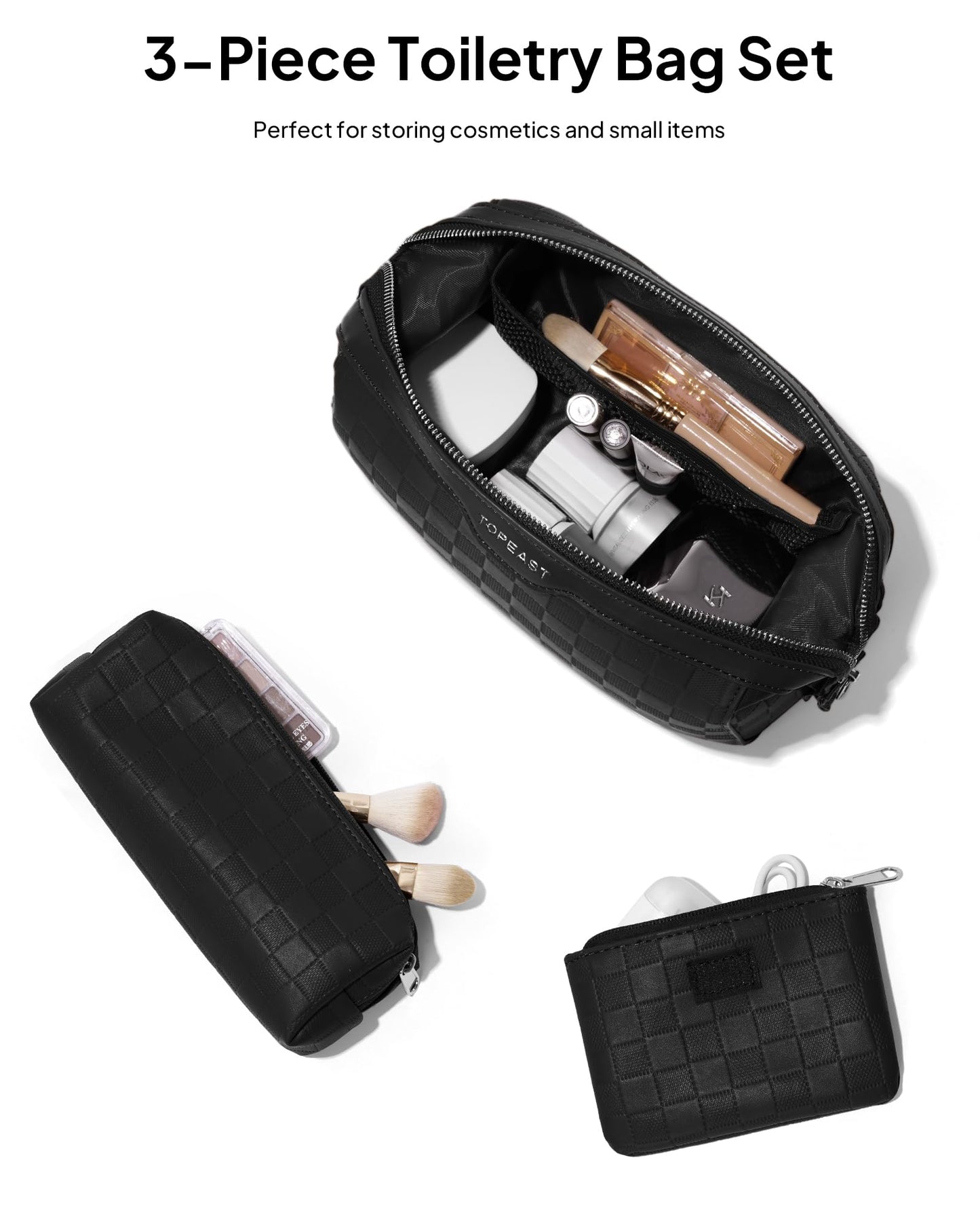 TOPEAST Travel Makeup Bag Cosmetic Bags for Women, 3 Pcs Set Make Up Toiletry Bag with Removable Zip Pouch, Waterproof Leather Makeup Brush Organizer for Travel Essentials, Black