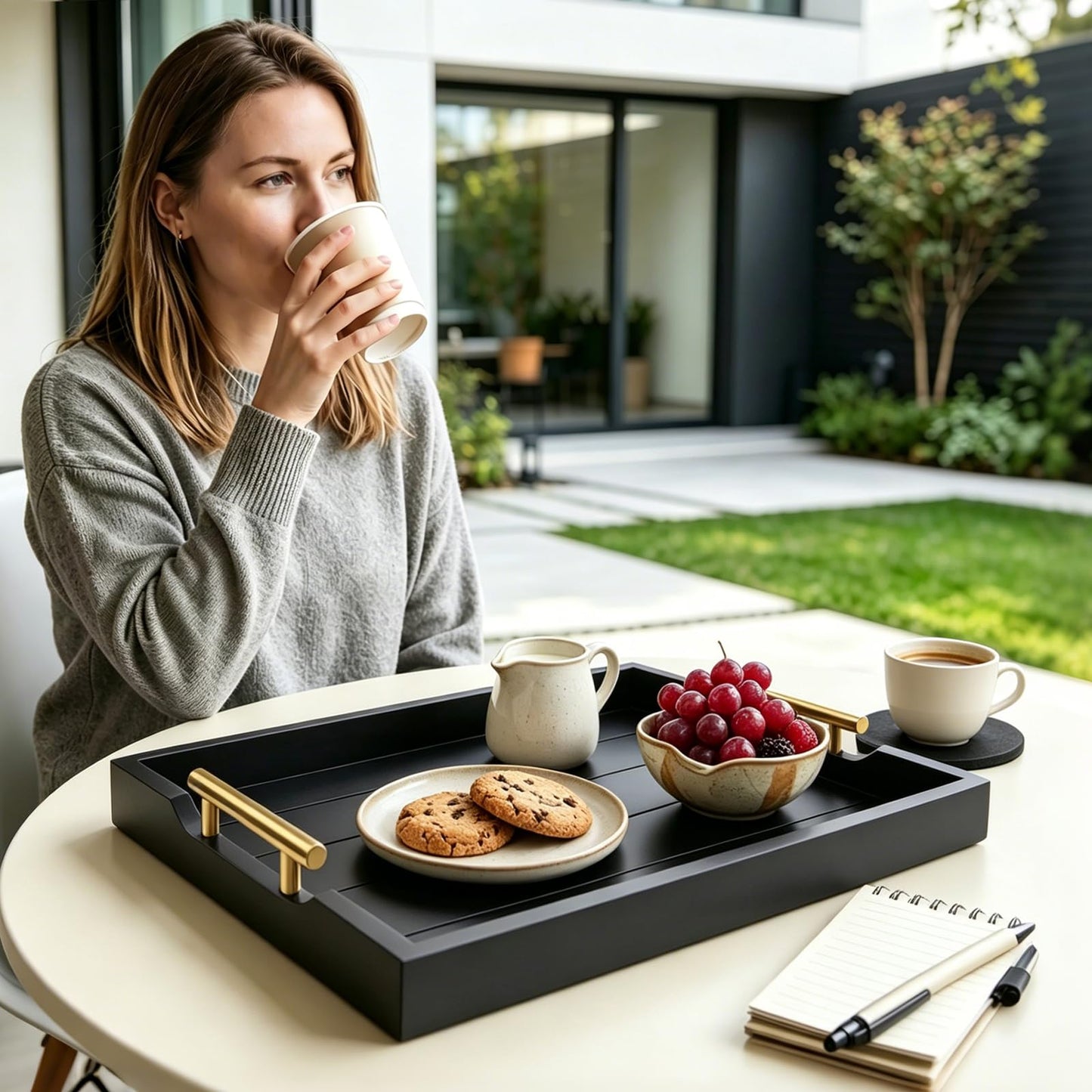 ComfyTune Wood Serving Tray with Metal Handles, 17x13in Large Wooden Tray for Ottoman, Coffee Table, Breakfast, Dinner & Bar, Decorative Tray for Living Room, Bedroom, Bathroom and Kitchen, Black