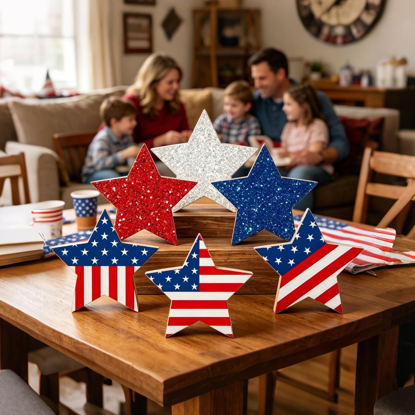 6 Pcs 4th of July Decorations Patriotic Wooden Star Signs Red White Blue Memorial Day Tiered Tray Decor Americana Table Home Decor for Independence Day Shelf Kitchen Office